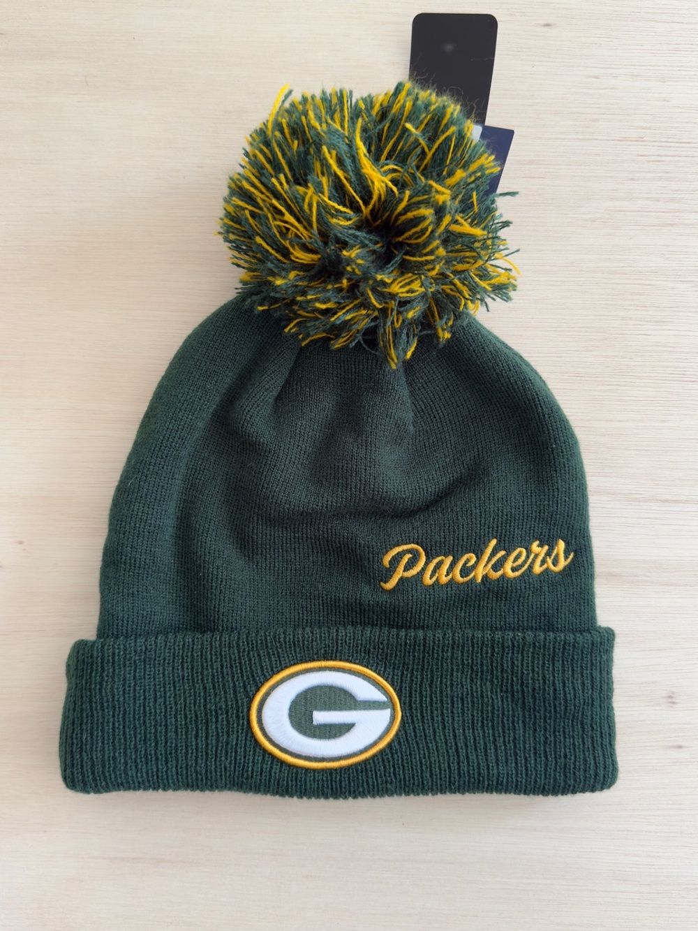 NFL Green and Gold Packers Pom Beanie with Team Patch